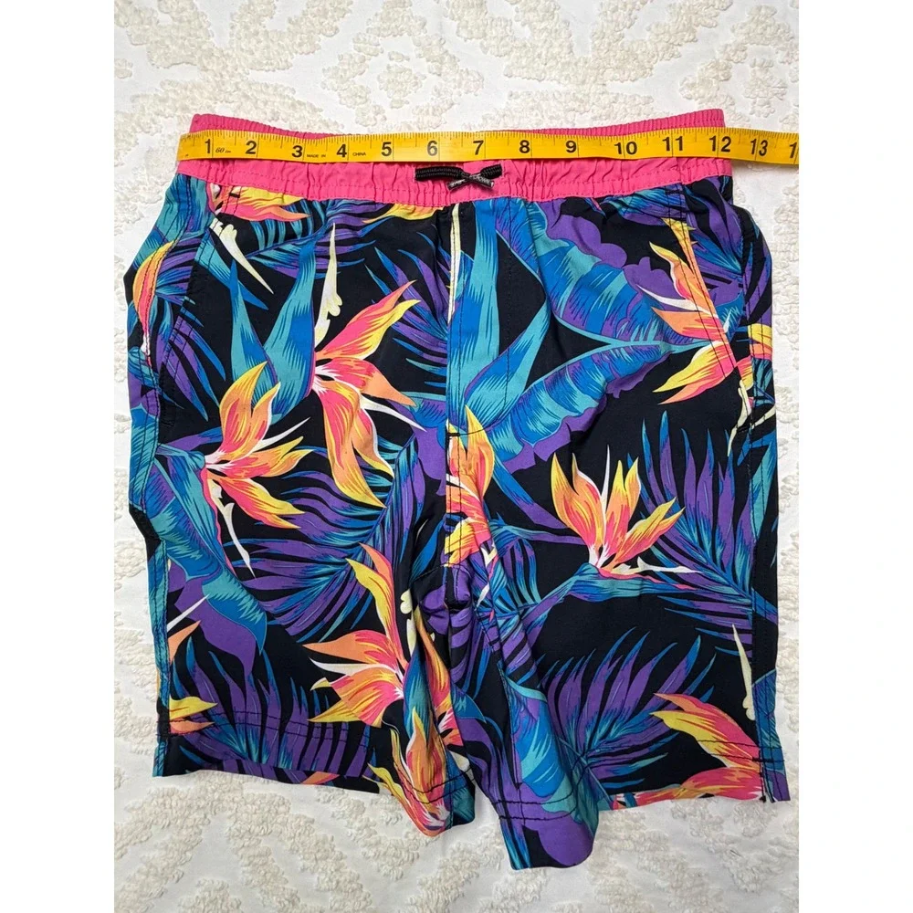 Blue Crown Tropical Bird of Paradise Swim Trunks Pink Black M Kids Beach Surf - Picture 8 of 14